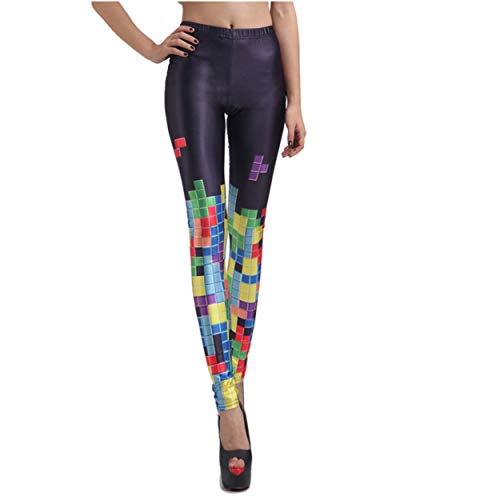 Rubberfashion Glanz Leggins Damen - Animal Print Leggings Muster Tetris bunt - 80er Jahre für Frauen und Mädchen Metallic Schwarz S/M von Rubberfashion