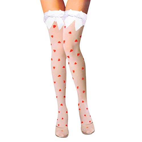 Rubberfashion Overknee Strümpfe - halterlose Strümpfe mit Schleife weiss lange Overknee Strümpfe sexy Stockings Halterlos Struempfe Kniestruempfe für Frauen und Damen weiss-rot Einheitsgröße von Rubberfashion