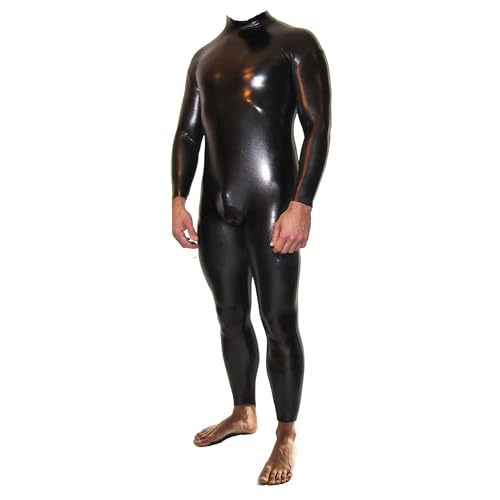 Rubberfashion Wetlook Catsuit - Ganzkörper Glanz Ganzanzug Suit - Schritt offen für Damen und Herren Schwarz Metallic XL von Rubberfashion
