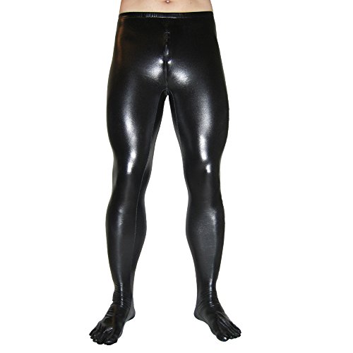 Rubberfashion glänzende Leggings Wetlook - Glanz Leggins mit Schritt Reißverschluss und Zehen für Damen und Herren Schwarz Metallic L von Rubberfashion