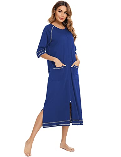 Damen Casual Duster Robe Zip Front Nachthemd Loose Fit Halbarm Hausmantel Loungewear mit Taschen Blau 2XL von Rubehoow