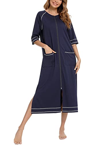 Damen Casual Duster Robe Zip Front Nachthemd Loose Fit Halbarm Hausmantel Loungewear mit Taschen Marineblau L von Rubehoow