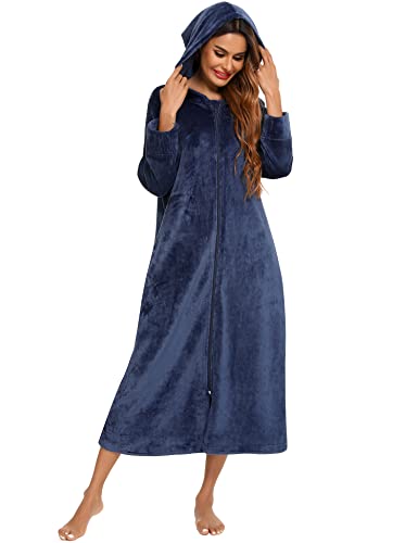 Damen-Fleece-Reißverschluss-Hoodie-Bademantel mit Taschen – Plus Size Plush Long Robe (XL, Navy) von Rubehoow