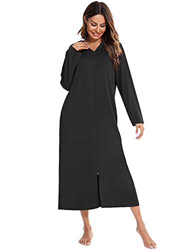 Gemütliches Sweatshirt Robe Damen Übergröße Hoodie Reißverschluss Kleid Langarm Loungewear mit Kapuze Hausmantel Loungewear in voller Länge mit Taschen Schwarz XXL von Rubehoow