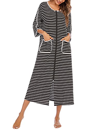 Rubehoow Hausmantel für Damen, Halbarm, Reißverschluss, Robe, O-Ausschnitt, Maxi-Duster, Momo-Kleid (Schwarz, XL) von Rubehoow