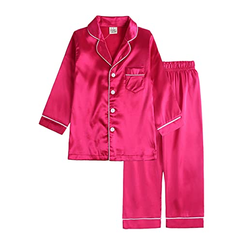 Kinder 2-teilige Nachtwäsche Langarm-Schlafhemd und elastische Taillen-Pyjama-Hose Seidensatin-Nachtwäsche (Rose 13–14 Jahre) von Rubehoow