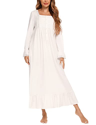 Rubehoow Viktorianisches Nachthemd für Damen Langärmelig, Vintage-Stil Geknöpft Spitze Nachthemd Maxi-Schlafkleid (Weiß, S) von Rubehoow