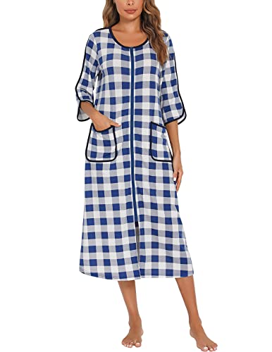 Rubehoow Bademantel mit Reißverschluss für Damen, kariertes Nachthemd Langes Reißverschluss-Duster-Hauskleid (Blau Kariert, XL) von Rubehoow