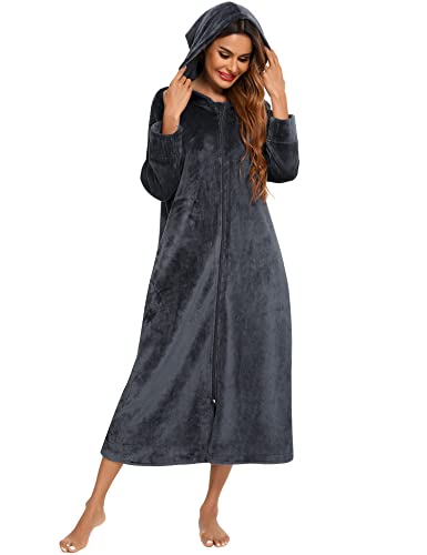 Rubehoow Damen-Fleece-Schlafkleid mit Reißverschluss, Hoodie, weicher Plüsch, warmer Spa-Bademantel für Damen in Übergröße (XXL, Dunkelgrau) von Rubehoow