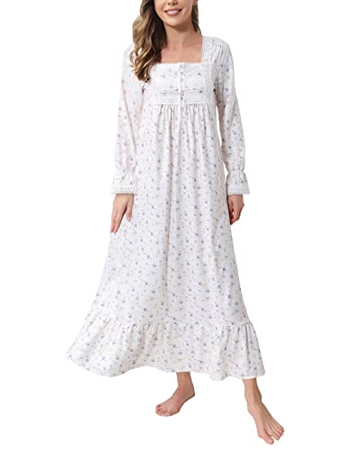 Rubehoow Damen Nachthemd Viktorianische Nachtwäsche Langarm Vintage Pyjama Kleid Weiche Baumwolle Loungewear mit Taschen, Lila-Rose, Medium von Rubehoow