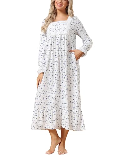 Rubehoow Damen Nachthemd Vintage Langarm Knopfleiste Nachtkleid Weiche Baumwolle Viktorianischer Stil Pyjama Kleid mit Taschen, # Navy Rose, 48 von Rubehoow