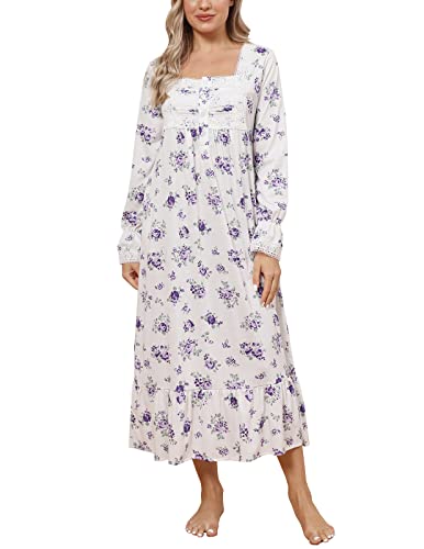 Rubehoow Damen Nachthemd Vintage Langarm Knopfleiste vorne Nachtkleid Weiche Baumwolle Viktorianischer Stil Pyjamakleid mit Taschen, # Purple Rose, 46 von Rubehoow