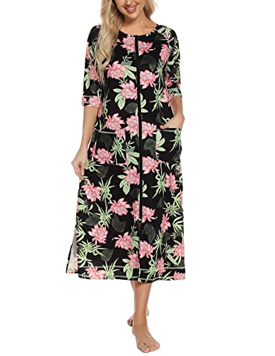 Rubehoow Duster Robe für Damen Hauskleid mit Reißverschluss, Maxi-Nachthemd, lockerer, bequemer Bademantel mit Taschen (Green Leaf, L) von Rubehoow