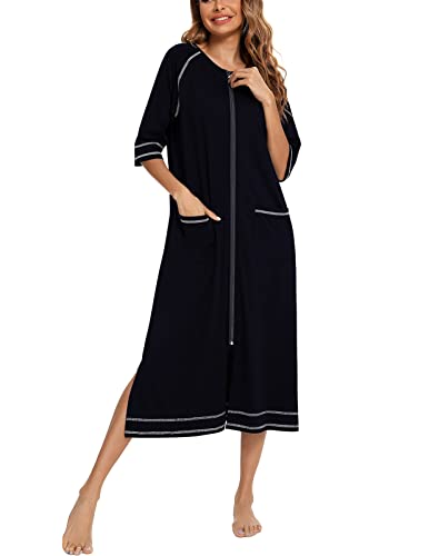 Rubehoow Duster Robe für Damen Hauskleid mit Reißverschluss Maxi-Nachthemd Lockerer Bequemer Bademantel mit Taschen (Schwarz, 2XL) von Rubehoow