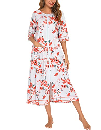 Rubehoow Hauskleid mit Reißverschluss für Damen, Übergröße, O-Ausschnitt, langer Staubmantel mit Taschen (Rose,2XL) von Rubehoow