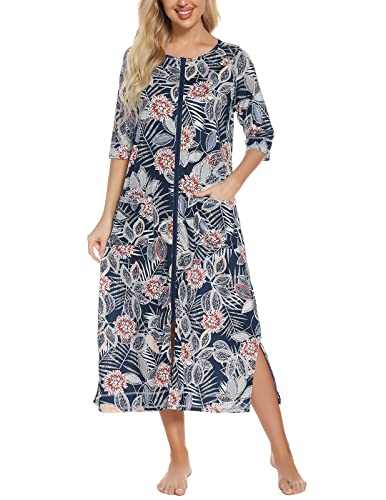 Rubehoow Hausmäntel mit Reißverschluss für Damen, Halbarm, langes Nachthemd, weiche Baumwolle, leichtes Mumu-Hauskleid, X-Large von Rubehoow