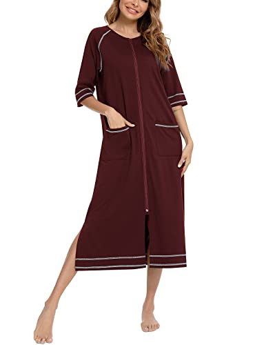 Rubehoow Hausmäntel mit Reißverschluss für Damen, halbärmeliges, langes Nachthemd, weiche Baumwolle, leichtes Mumu-Hauskleid, XL von Rubehoow