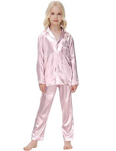 Rubehoow Jungen Mädchen Satin Pyjama Set Langarm Button Down Nachtwäsche Große Kinder 2 Stück Loungewear (Champagne,12y 13y) von Rubehoow