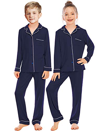 Rubehoow Langarm-Pyjamas für Mädchen und Jungen, 100% Baumwolle, Hemd und Hose, 2-teilig, Nachtwäsche, Marineblau, 12–13 Jahre von Rubehoow