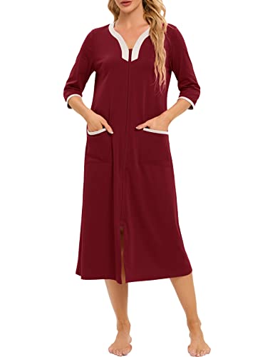 Rubehoow Lange Nachthemden für Damen Kurzarm Mumu Schlafkleid Plissee Loungewear mit Taschen (Weinrot,XL) von Rubehoow