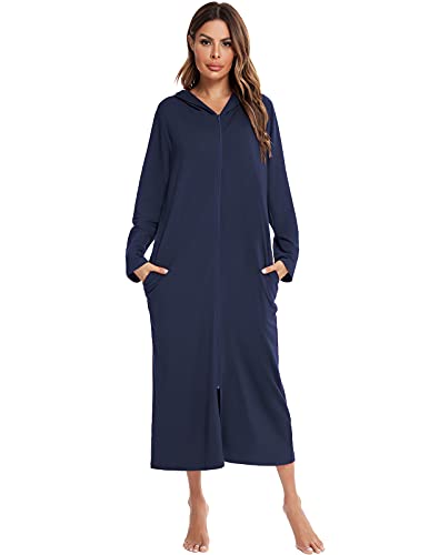 Rubehoow Langer Bademantel mit Reißverschluss vorne, Jersey, Baumwolle, mit Kapuze, Hauskleid für Damen, langärmliger Hausmantel, O-Ausschnitt, Loungewear, Nachthemd mit Taschen, Marineblau, L von Rubehoow