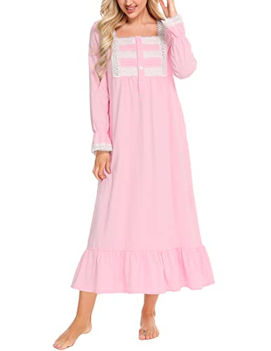 Rubehoow Vintage-Nachtkleid Leichtes Strick-Nachthemd aus Baumwolle für Damen Übergröße Langes Schlafshirt (XXL, Rosa) von Rubehoow