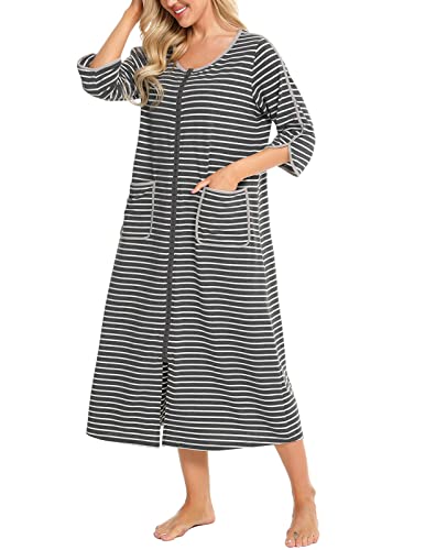 Rubehoow Plus Size Nachthemd Robe Damen Lässiges Nachthemd O-Ausschnitt Halbarm Loungewear mit Reißverschluss (Dunkelgrau,XL) von Rubehoow