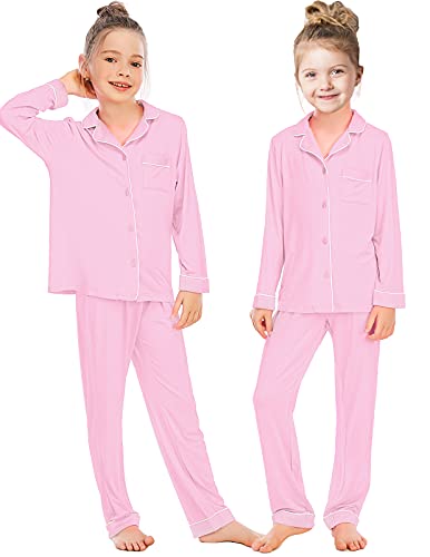 Rubehoow Pyjama-Set für kleine Mädchen, langärmlig, Nachtwäsche, Junge, Button-Down-Pyjama, Baumwolle, Loungewear, Hellrosa, 6T von Rubehoow