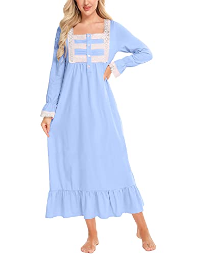 Rubehoow Übergroßes Damen Nachthemd aus 100% Baumwolle im Vintage-Stil mit Knöpfen Langes Nachthemd im viktorianischen Stil (Hellblau, 3XL) von Rubehoow