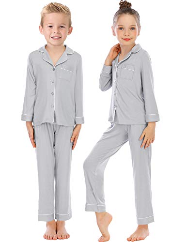 Rubehoow Unisex-Kinder weicher Schlafanzug, 2-teilig, Modal, Langarm, Knopfleiste und Hose, Pyjama-Set, Hellgrau, Größe 8 von Rubehoow