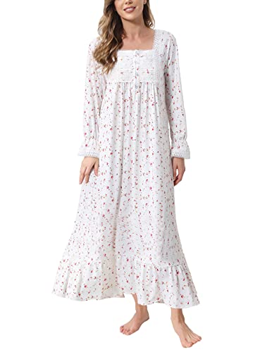 Vintage-Schlafkleid für Damen Langärmlig Geknöpftes Nachthemd mit Spitzenbesatz (Vintage Rose, XL) von Rubehoow