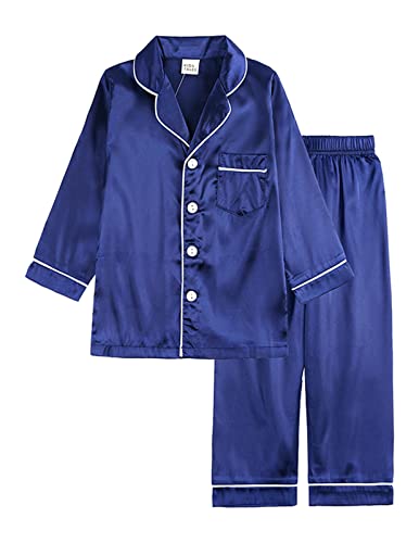 Rubehoow Zweiteilige Winter-Nachtwäsche für große Mädchen, Jungen, klassisches Pyjama-Set mit Knöpfen (Marineblau, Größe 12) von Rubehoow