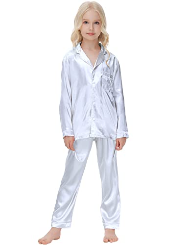Rubehoow Zweiteilige Winter-Nachtwäsche für große Mädchen, Jungen, klassisches Pyjama-Set mit Knöpfen (Weiß, Größe 12) von Rubehoow