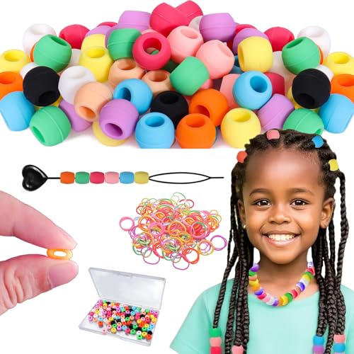Rubierine 100 Stück Silikon-Haarperlen für Kinder und Mädchen, 5 mm Silikonperlen für Haare mit 50 elastischen Gummibändern, 1 Kunststoff-Schnellperle und 1 Behälter, weiche Silikonperlen für Kinder von Rubierine