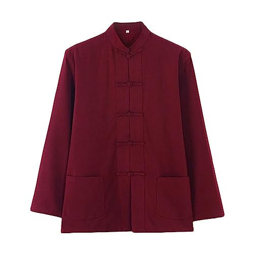 Rubruan Chinesisches Shirt Herren Hemd - Traditionelle Kampfkunst Kung Fu Tai Chi Wushu Tang Stil Langärmelig Jacke Training Uniform Freizeithemd Kleidung - Baumwolle (L, Weinrot) von Rubruan