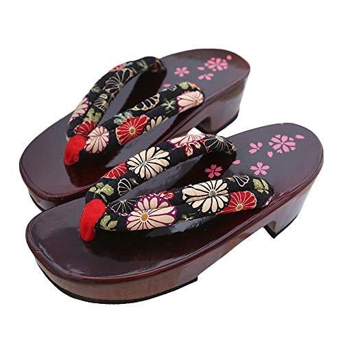 Rubruan Damen Sandalen Pantoffel Sommerschuhe - Traditionelle Japanische Holzschuhe Geta Kimono Kirschblüte Sakura Musterdruck Rutschfest Poliert Flip-Flops Cosplay Clogs von Rubruan