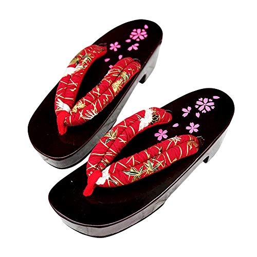 Rubruan Damen Sandalen Pantoffel Sommerschuhe - Traditionelle Japanische Holzschuhe Geta Kimono Kirschblüte Sakura Musterdruck Rutschfest Poliert Flip-Flops Cosplay Clogs von Rubruan