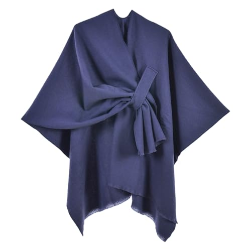 Rubruan Damen Umschlagtuch Schultertuch Umhang – Frühling Herbst Winter Verdickt Warm Einfarbig Schal Halstuch Mantel mit Schnürband Quasten für Frauen Mädchen (Dunkelblau) von Rubruan