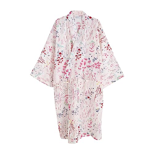 Rubruan Japanischer Kimono Nachthemd Bademantel – Haori Yukata Stil Baumwolle Frühling Sommer Hauskleid Saunamantel Nachtwäsche für Damen Herren (as3, alpha, m, regular, regular, Weiß-Damen) von Rubruan