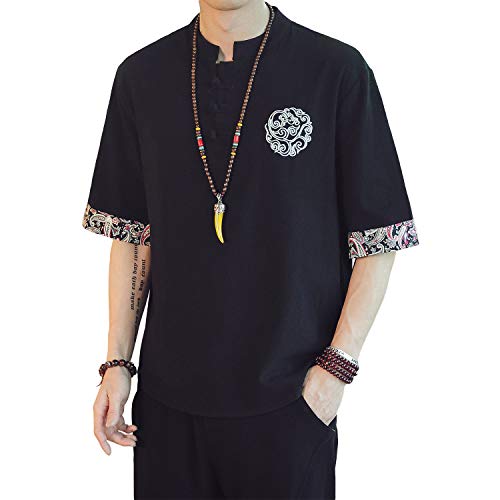 Rubruan Sommer Herren T-Shirts Hemden - Traditioneller Chinesischer Stil Stehkragen Kurzärmelige Oberbekleidung Leichte Weite Freizeitkleidung Stickmuster Tops für Männer - Leinen von Rubruan