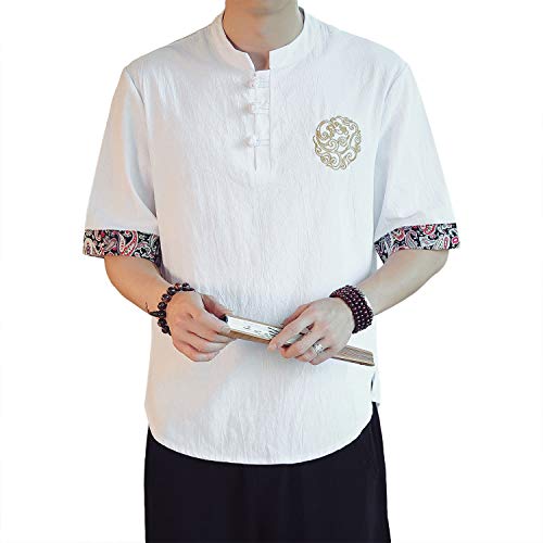 Rubruan Sommer Herren T-Shirts Hemden - Traditioneller Chinesischer Stil Stehkragen Kurzärmelige Oberbekleidung Leichte Weite Freizeitkleidung Stickmuster Tops für Männer - Leinen von Rubruan