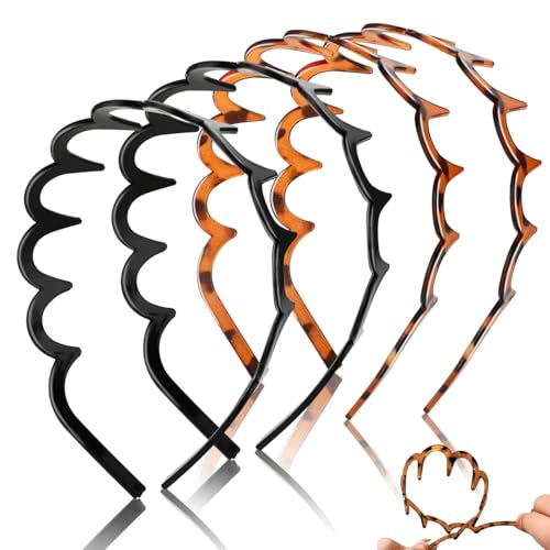 4 Stück Zickzack Haarreif Haifischzahn Haarkamm U-förmig Haarband Gewellte Kunststoff Stirnband Make Up Haarreif für Sport Fitness Tägliches für Damen Und Mädchen (Leopardenmuster und Schwarz, 4pc) von Rubu22a