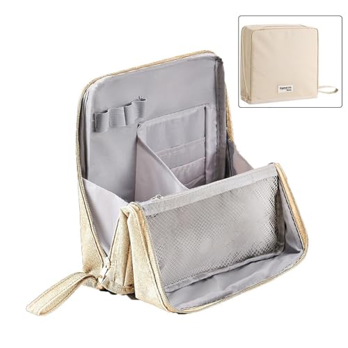 Mehrschichtig Kulturbeutel Make Up Tasche, Tragbare Schminktasche Makeup Bag Waschtasche Kosmetiktasche Groß Frauen Mädchen für Alltag und Reisen (Beige) von Rubu22a