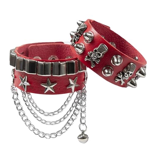 Rubu22a 2 Stück Unisex Punk Besetztes Armband, Lederarmband Schwarz Gothic Armreif Nieten Leder Nieten Armband Manschette für Halloween Weihnachten Kostümparty Rock Konzert (Rot) von Rubu22a