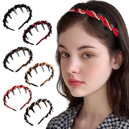 Vintage High Cranium Kunstperlen Haarband, Haarreifen Strass Haarschmuck, Haarbänder mit Zahnreifen, Mode breites Perlen Bling Stirnband (BK1+BK2+RD1+RD2+Coffee+Brown, M) von Rubu22a