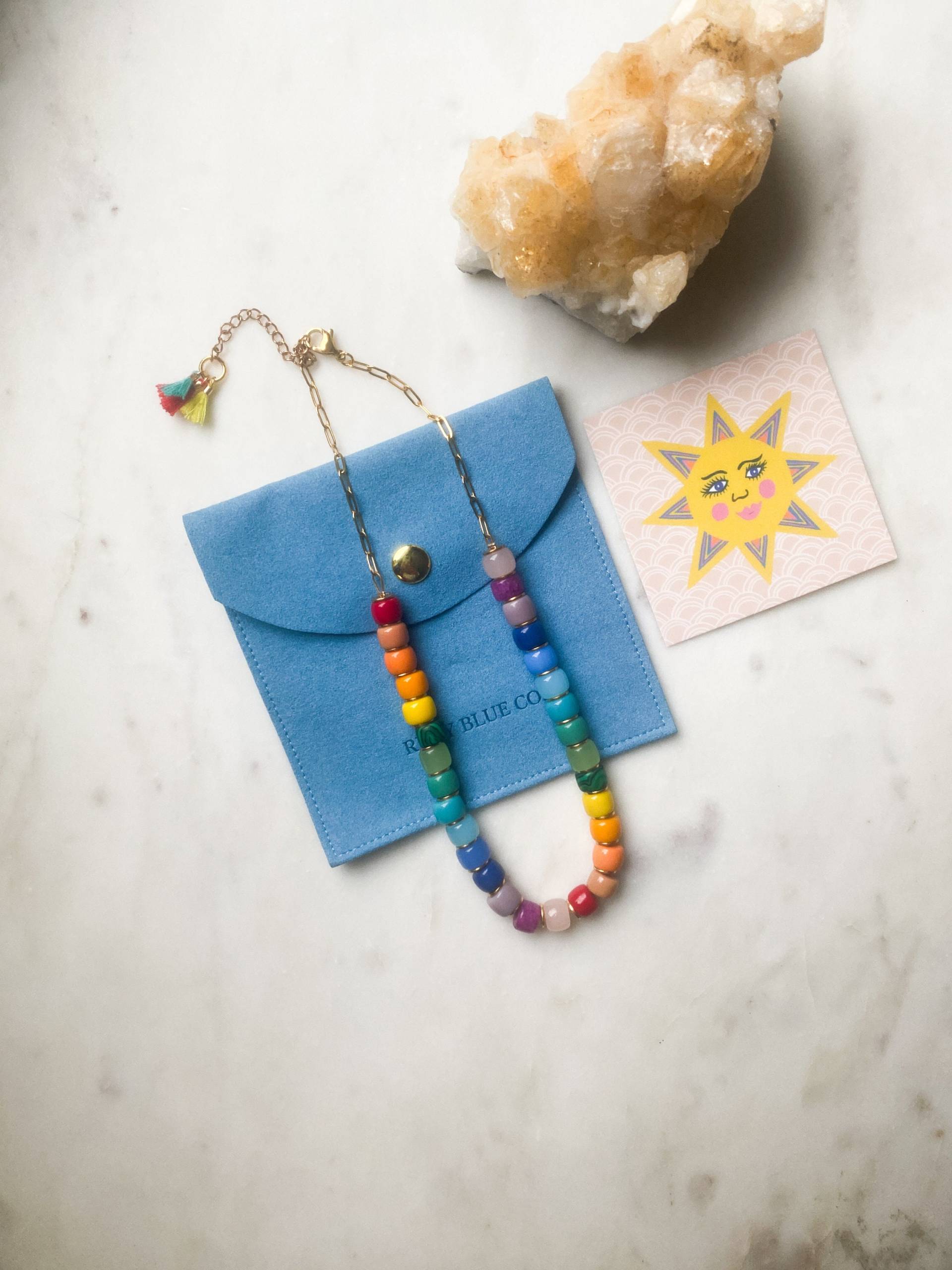 Regenbogen Perlen Glaskette, 14K Gold Vermeil Kette, Bunter Statement Schmuck von RubyBlueCo