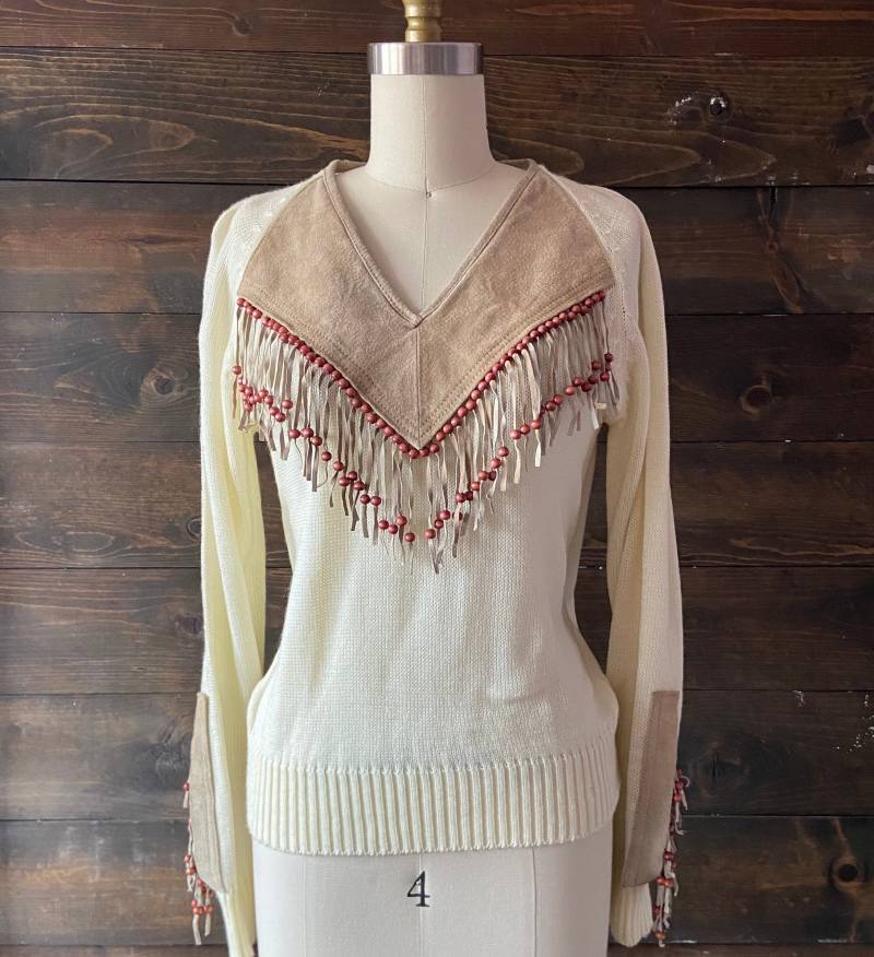 Vintage 80Er Fransen Westernpullover/Perlen Wildleder Telluride Pullover von RubyHouston