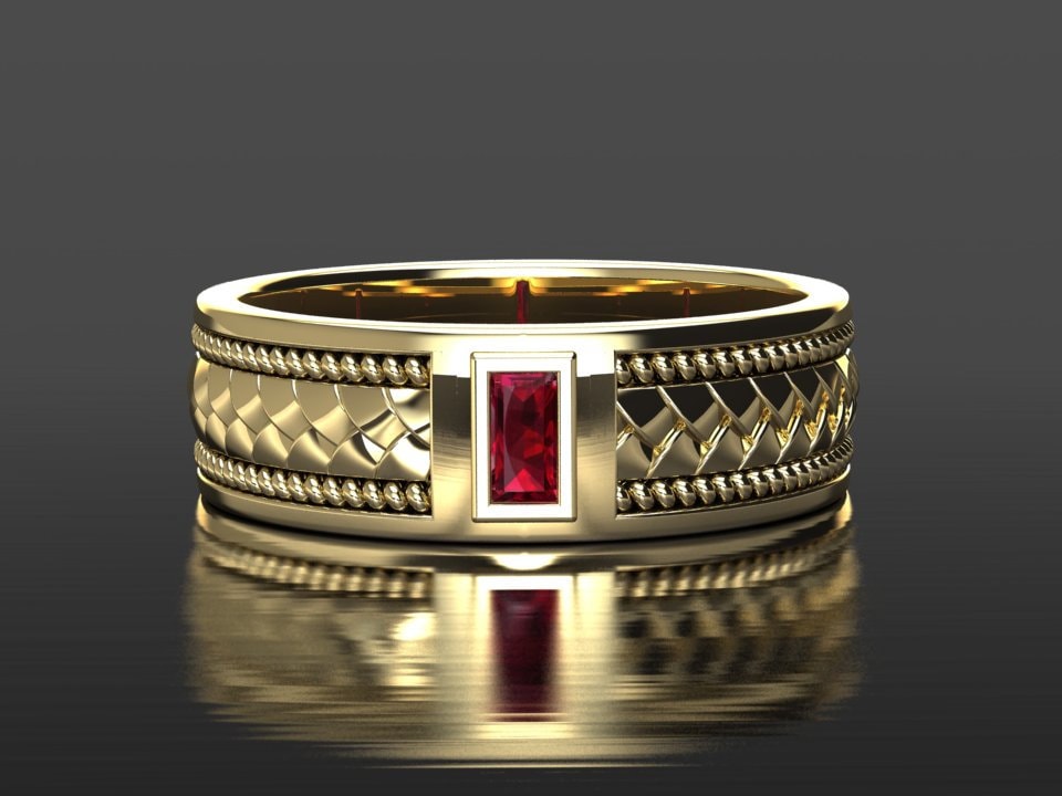 Herren Rubin Ehering, 14K Oder 18K Gelbgold, 7mm Band, Geflochtener Unisex, Baguette Ring, Einzigartiges Geschenk Für Ihn von RubyJewelryStudio