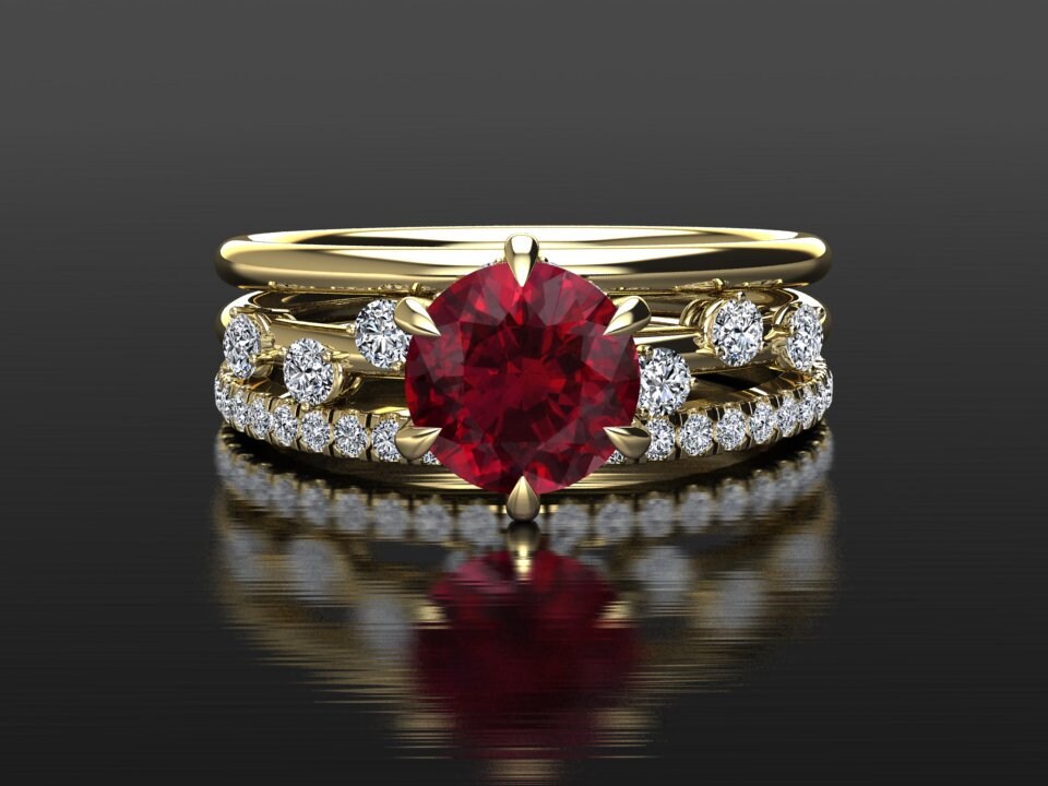 Moderner Verlobungsstapel/Rubin Hochzeitsset 3 Ring Stapel Massives Gold Hochzeits Stack Jubiläumsring Natürliche Diamanten Schmuck von RubyJewelryStudio