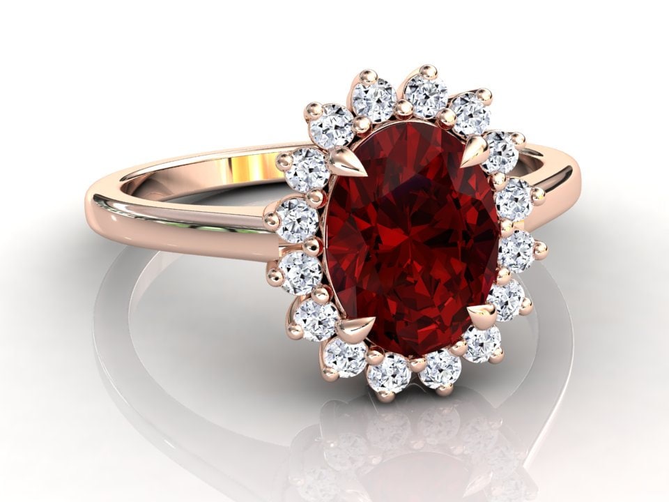 Ovaler Rubin Halo Ring, Natürlicher Vs Qualitätsdiamant, Massiver 14K Oder 18K Roségold, Verlobungsring, Edelstein Jubiläumsring, Cocktail Ring von RubyJewelryStudio